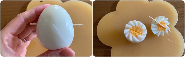 糸をうごかして、ゆでたまごをギザギザにします。