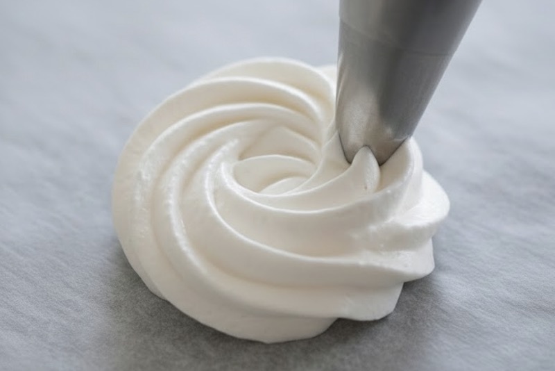 メレンゲを絞り袋に入れて、中心から外側にむかって「の」の字を書くように丸く絞り出す・