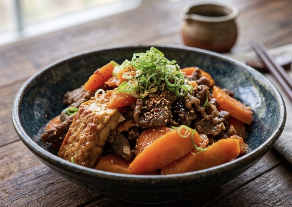 ご飯が止まらない！【牛肉と人参の甘辛炒め】厚揚げでボリューム満点、お弁当にも最高なおかず
