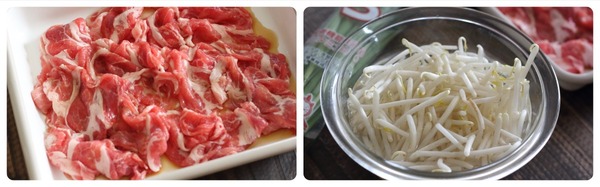 左:下味をつける前のきれいに並べられた豚バラ薄切り肉。右:ひげ根が取り除かれ、水に浸された清潔なもやし。