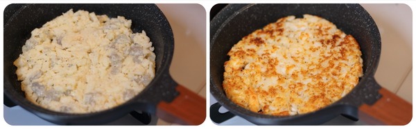 えびレンコンガレットのたね作りの様子。ボウルにすりおろしたレンコン、刻んだえび、片栗粉、粉チーズなどの材料を入れ、混ぜ合わせている段階の画像