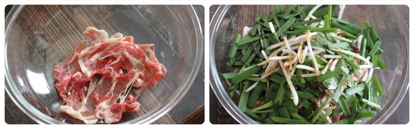 左:耐熱ボウルに入った、下味をつけた豚肉。右:豚肉、5cmにカットされたニラ、もやしが耐熱ボウルに入り、オイスターソースなどの調味料がかけられている様子。