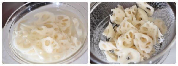 左：皮をむいて乱切りにしたれんこんを水にさらしてアク抜きしている様子 右：アク抜き後、ザルにあげて水けを切ったれんこん