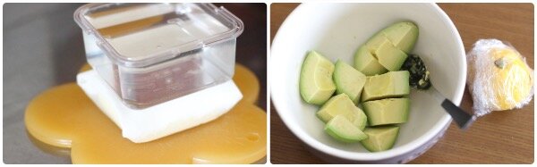 豆腐に重しをして水切りをしている様子と、アボカドの皮を剥き種を取り除いている様子。角切りにしたアボカドがボウルに入っており、もう半分のアボカドはラップに包まれている。
