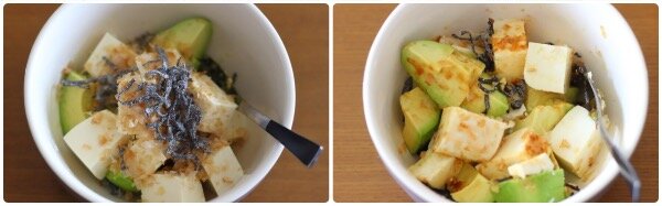 角切りにした豆腐とアボカドがボウルに入っており、塩昆布と削り節が盛り付けられている。ボウルに入った豆腐とアボカド、塩昆布、削り節を和えている様子。