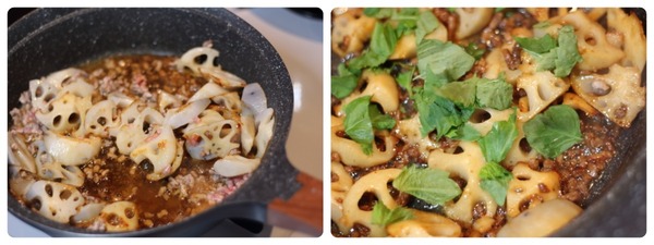 左：フライパンでれんこんと合挽き肉を炒め、調味料【A】を加えているところ 右：炒めたれんこんそぼろにちぎった大葉を加えて仕上げている様子