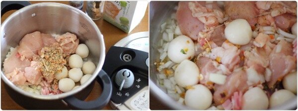 圧力鍋にぶつ切りにした鶏むね肉、冷凍里芋、みじん切りの玉ねぎ、ベーコン、調味料を入れ、調理前の材料が準備された様子。里芋入り鶏むね肉リエットの仕込み。
