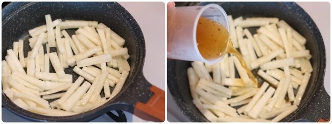 フライパンで大根を炒め、合わせ調味料を加えて煮込んでいる様子