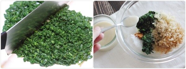 左:茹でて水気を絞ったモロヘイヤを包丁で細かく刻んでいる様子。右:ボウルに刻んだモロヘイヤ、削り節、生姜、味噌、塩麹、砂糖を入れ、スプーンで混ぜ合わせている様子。