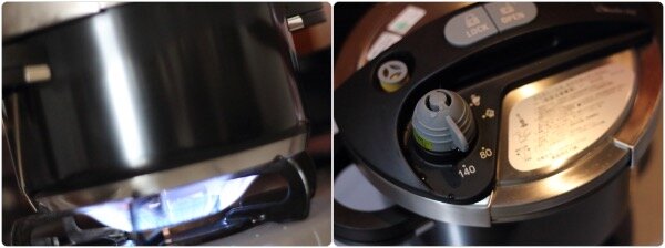 圧力鍋をガスコンロの火にかけて加熱している様子と、フタの圧力表示(140kpaと80kpa)のアップ。圧力鍋を使った時短調理の工程。