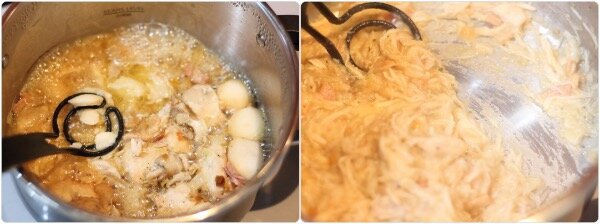 圧力鍋で加圧後、マッシャーで鶏むね肉と里芋を潰しながら煮詰めている調理中の様子。なめらかなリエット風ディップになる過程。