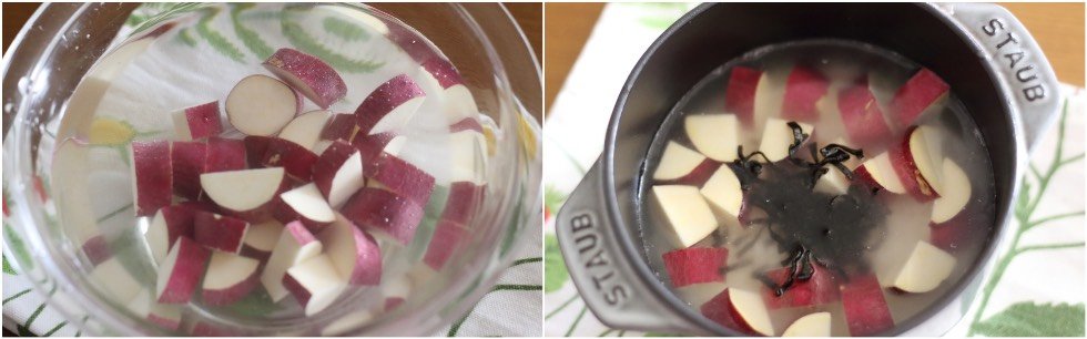 さつまいもは一口大にカットして水に浸してアク抜きをする。STAUBなどの小鍋に材料を入れる。