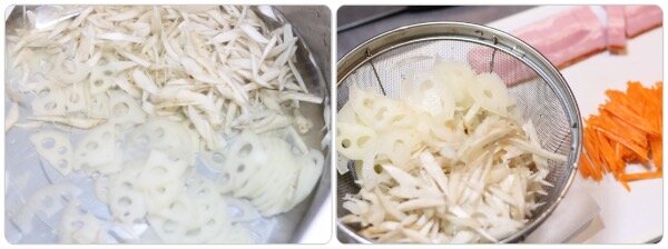 ささがきにしたごぼうと、いちょう切りにしたれんこんを酢水にさらしてアク抜きしている様子