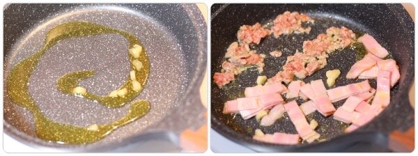 フライパンにオリーブ油を熱し、薄切りにしたにんにくを加えて香りを引き出している様子