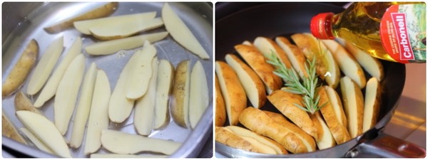 フライドポテトの作り方・下準備。左の写真はくし切りにしたじゃがいも。右の写真はフライパンにじゃがいもとローズマリーを入れ、オリーブオイルを注いでいる様子。