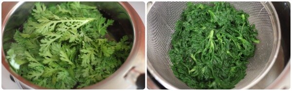 春菊を洗って鍋で茹でて水気を切っている工程写真
