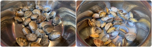 左：ステンレスボウルに入った、酒蒸しにする前の生のあさり 右：ステンレスボウルで酒蒸しにされ、口が開いたあさり
