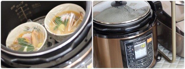 (左)湯気が立つ蒸し器の中で、加熱されている茶碗蒸し。 (右)スロークッカー(電気圧力鍋)の蒸し機能を使って調理されている茶碗蒸し。