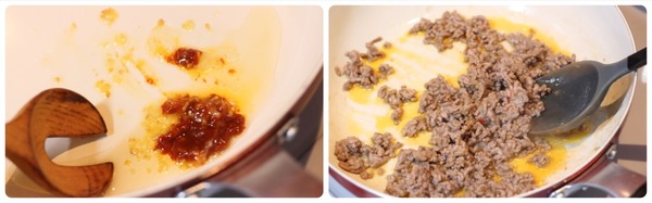 麻婆春雨を作る時は、最初にひき肉を豆板醤などと一緒に香ばしく炒める