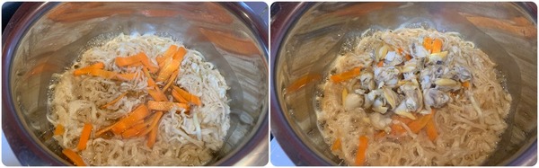 左：鍋で切干大根を煮込んでいるところに、細切りにしたにんじんを加えている様子 右：煮込んでいる切干大根とにんじんに、殻から外したあさりの身を加えている様子