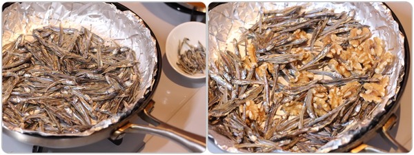 ごまめとクルミを入れるときは、フライパン用ホイルシートを使うと片付けが便利