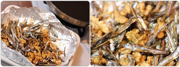 こまめが指でぽきっと折れる位まで炒めたら、砂糖、みりん、醤油の順に加えて、手早く味付けする