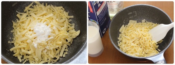 チーズフォンデュの材料のピザ、用チーズと米粉を混ぜ合わせる工程