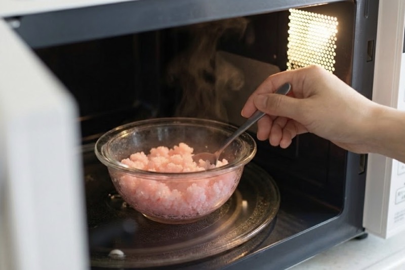 桜餅（道明寺粉）をレンジで加熱するときは、加熱と差し水を繰り返してふっくら仕上げる