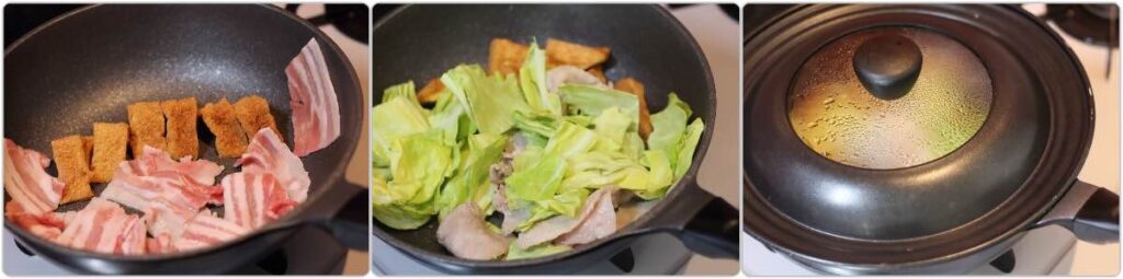 フライパンに、厚揚げと豚肉を入れて中火にかけます。

豚肉の色が変わってきたら、キャベツと酒を加えて混ぜ、ふたをして1〜2分ほど蒸し焼きにします。