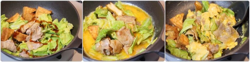 キャベツが温まり、しんなりしてきたら調味料を加えて全体を炒め合わせます。最後に溶き卵を回し入れ、さっと混ぜて火を通せば完成です。