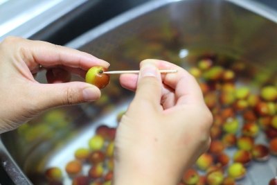 梅シロップの作り方（串や爪楊枝で、ヘタを一粒ずつ丁寧に取り除く。
傷んでいる梅がれば、取り除く。