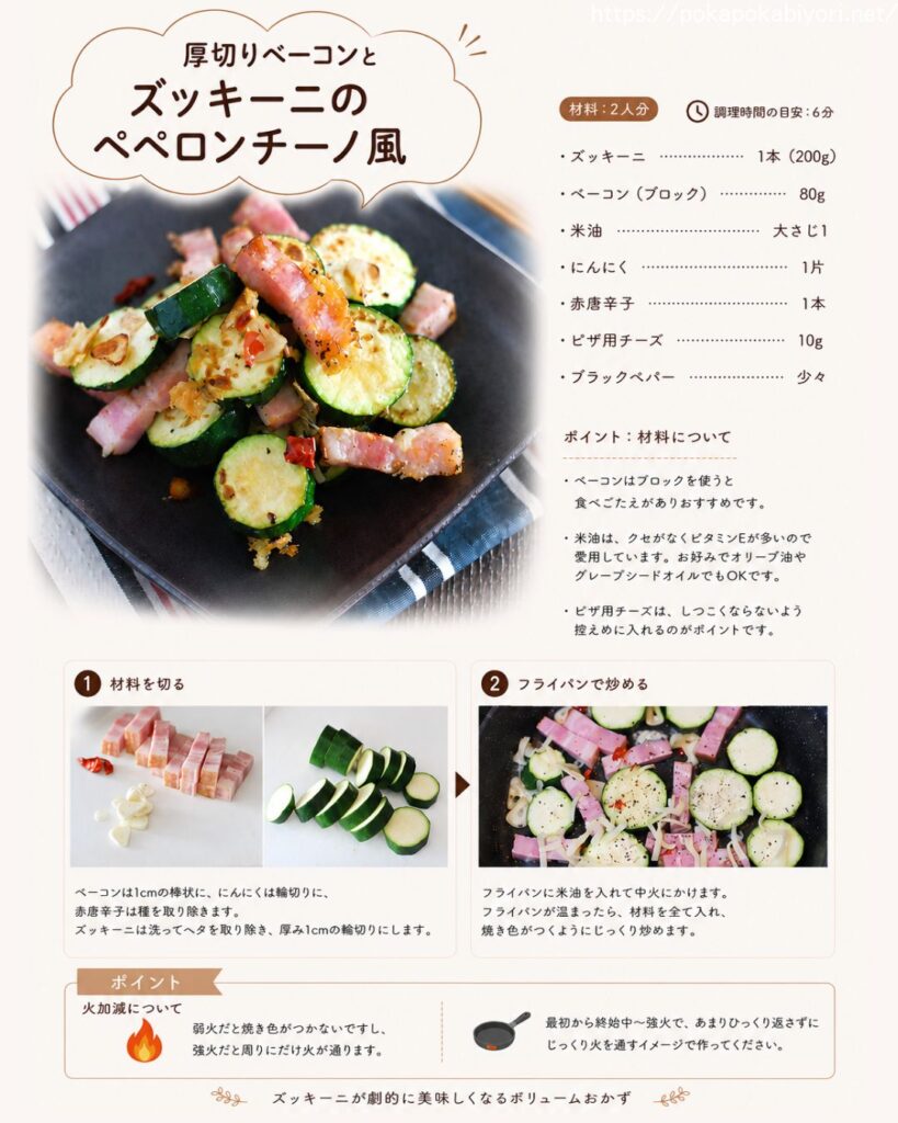 みずみずしいズッキーニに厚切りベーコンの旨味とニンニクのコクがしっかり絡む、簡単でおすすめのズッキーニ印刷用レシピカード