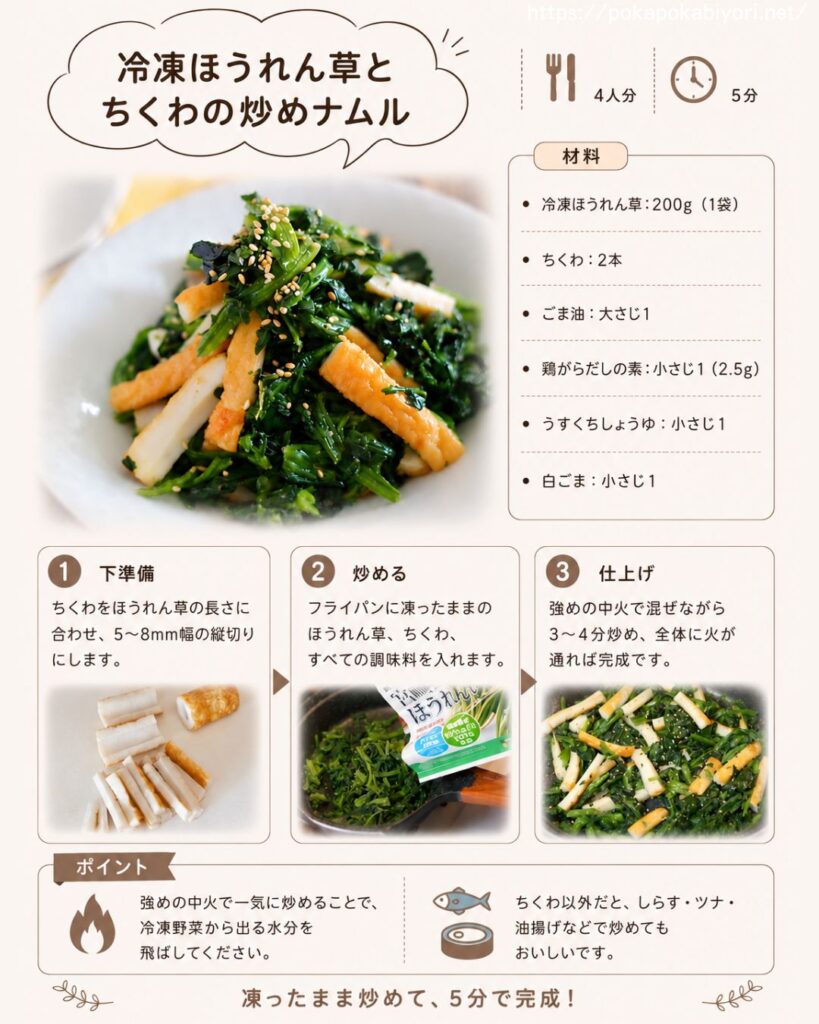 冷凍ほうれん草とちくわの炒めナムルの印刷用レシピカード
